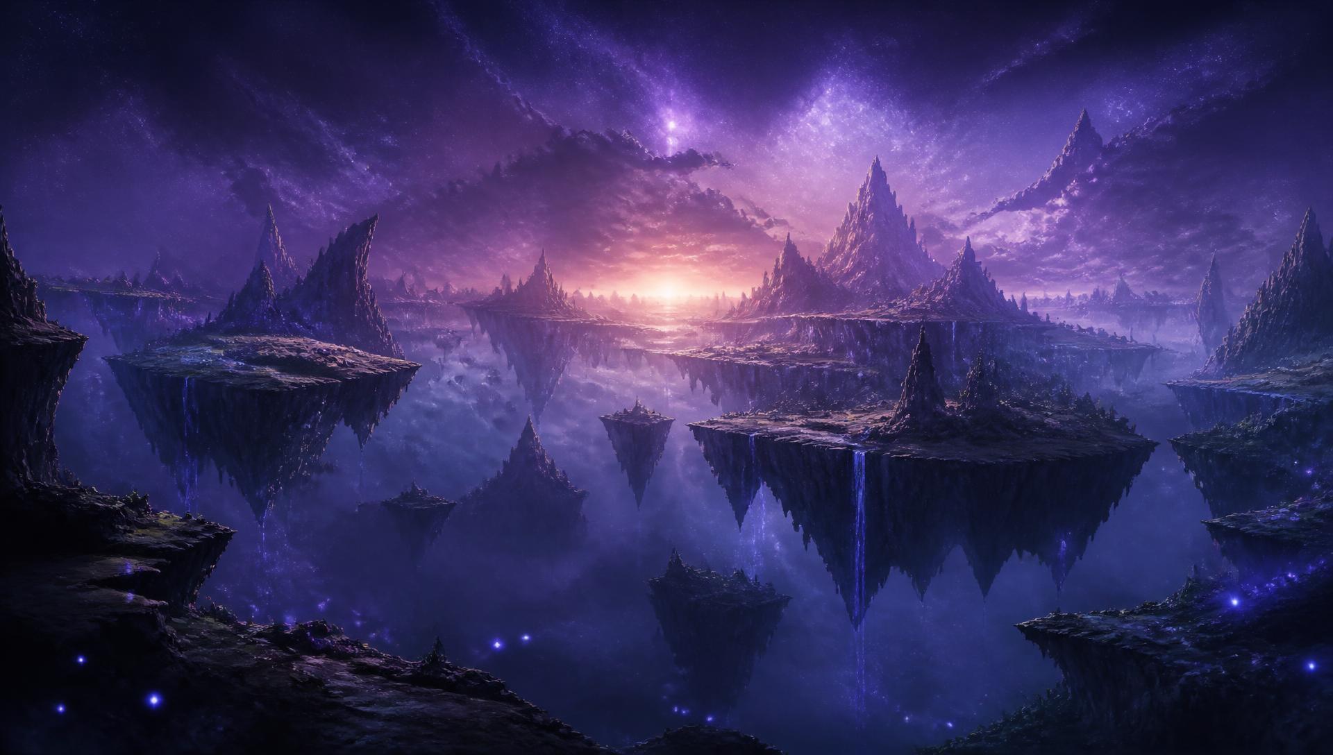 Floating islands drifting above a glowing valley at dusk