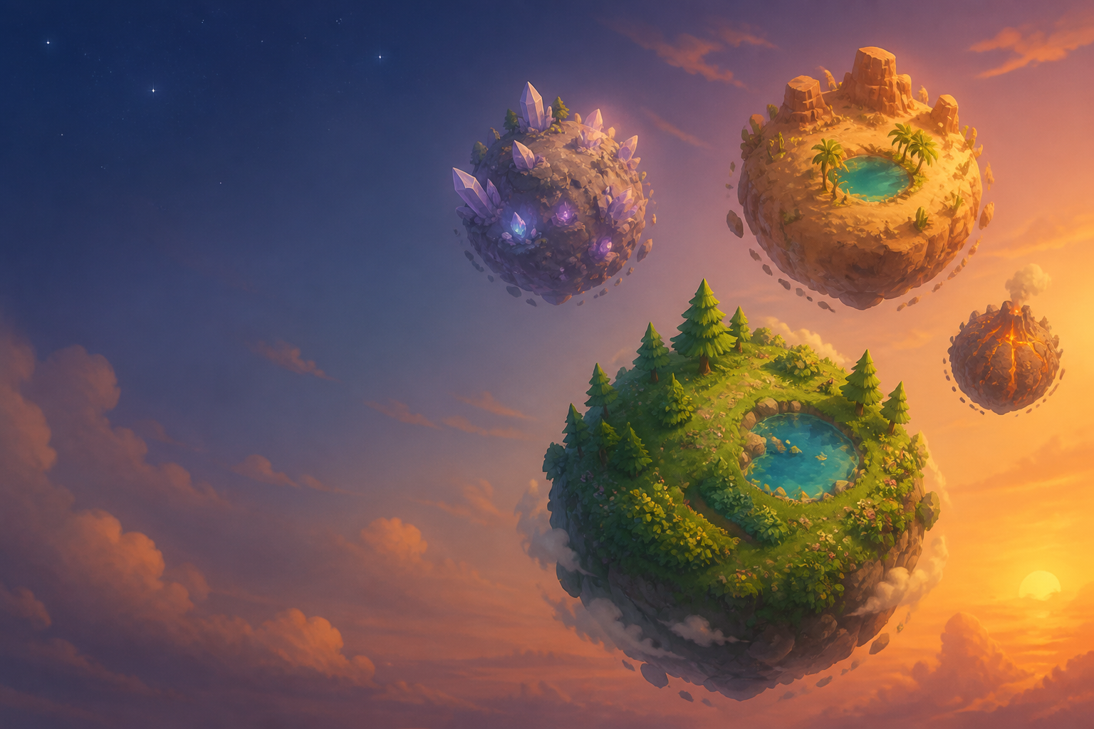 Spherehop-style tiny biome planets floating in a soft dusk sky